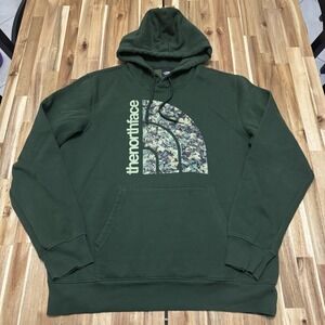 North Face Hoodie Mens L Green Jumbo Logo Sweatshirt Outdoor Fleece Pullover
